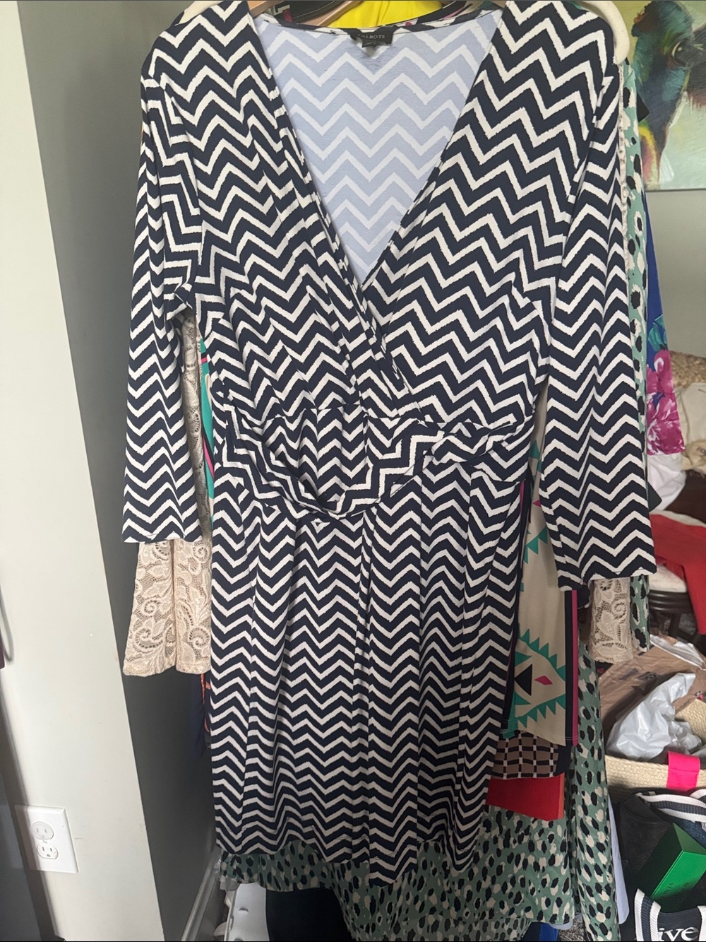 Talbots Black and White Chevron Midi Dress with Tie Waist